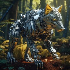 Futuristic Wolf robot in the forest