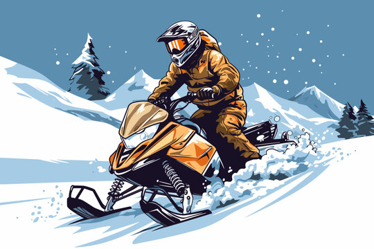 Hand-drawn cartoon snowmobiler flat art Illustrations in minimalist vector style