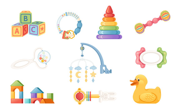 Collection of bright soft baby toys including rattle toy, pyramid, cubes and duck vector illustration isolated on white background