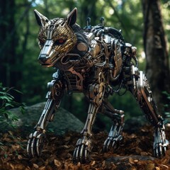 Futuristic Wolf robot in the forest