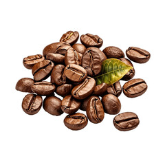 Coffee beans scattered Arabica variety with coffee leaves on a white background. Cut out background. Generative AI.
