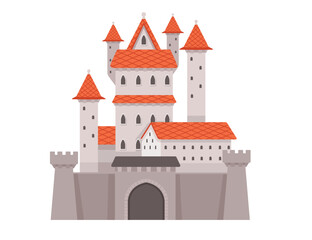 Fantasy medieval stone castle with towers gate and red tile roof color style vector illustration isolated on white background