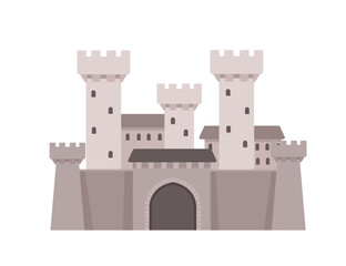 Fantasy medieval stone castle with towers and gates grey color style vector illustration isolated on white background