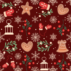 Materiał do szycia Seamless pattern with christmas style with gingerbread snowflake and mistletoe vector illustration on brown background
