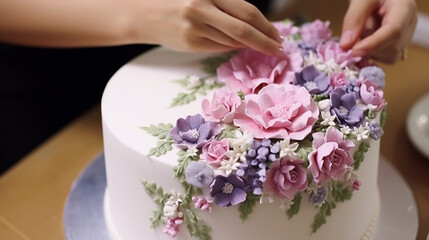 A talented baker meticulously piping delicate buttercream flowers onto a cake, their steady hand and artistic touch transforming the dessert into a work of edible art Generative AI