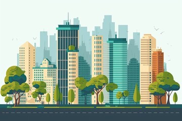 modern city skyline with lush green trees in the foreground. Generative AI