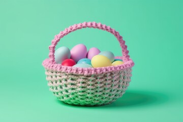Fototapeta na wymiar basket filled with eggs on a green background