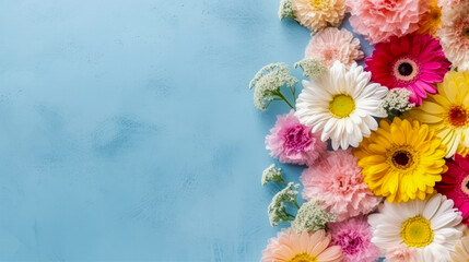 Background with colorful flowers and copy space for text, generative ai