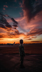 Fototapeta na wymiar Little kid standing half-turned from camera at sunset. Boy looks at the plane landed at backdrop. Generative AI.