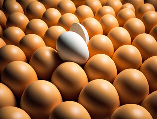 One white egg lies on top of many brown eggs. Piece of white egg shell lies behind. Close up. Generative AI.