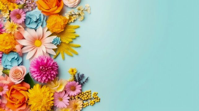 Background with colorful flowers and copy space for text, generative ai
