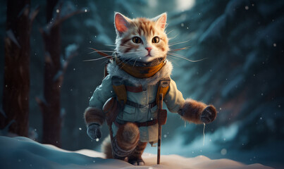 Gorgeous cat in a warm jacket and mittens in the woods. Beautiful feline in the nature in winter. Generative AI.
