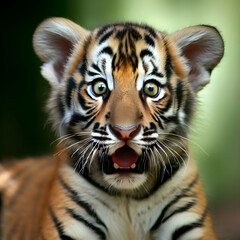 Obraz premium Portrait of a baby tiger cub with a surprised look, realistic digital art