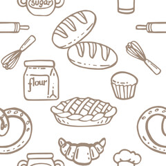 Seamless pattern with cooking kitchen symbols doodle style vector illustration on white background