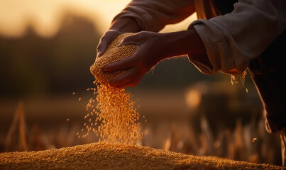 Hands of unrecognized farmer pouring picked crop of grain. Agrarian checking the wheat harvest. Blurred backdrop. Generative AI. - obrazy, fototapety, plakaty