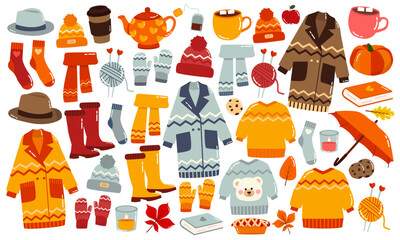 Vector cozy hygge set of autumn icons, symbols. Fall clothes collection isolated on white background. Colorful and bright cartoon flat style. Hat coat sweater umbrella scarf rubber boots yarn gloves