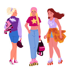 Girls in roller skates set vector illustration. Cartoon isolated sporty female characters wearing boots with wheels and helmet, young woman walking, carrying pair of shoes for skating in city park