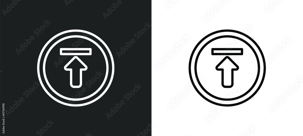 Poster upload arrow with bar line icon in white and black colors. upload arrow with bar flat vector icon fr