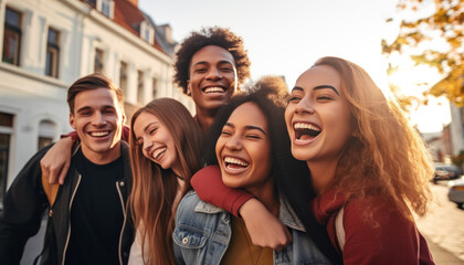 Fototapeta premium Happy friends outside in a city making a selfie