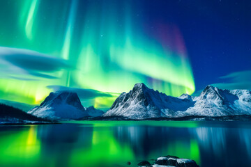 The high saturation of the Aurora borealis enhances the magic of the illuminated surroundings. Generative AI.