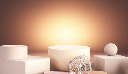 round cylinder podium beige abstract background. warm light. Empty showcase for eco cosmetic product presentation