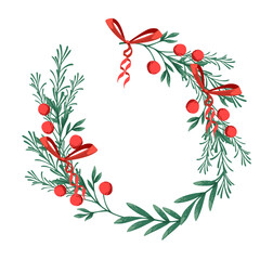 Merry Christmas wreath mistletoe with red berries vector illustration isolated on white background