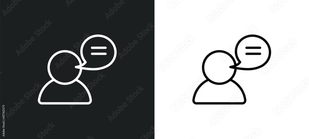 Poster user with speech bubble line icon in white and black colors. user with speech bubble flat vector ico