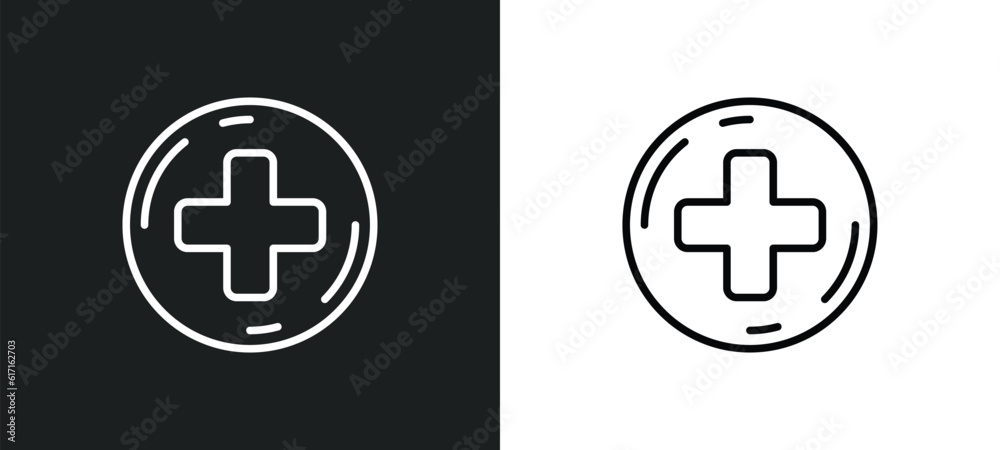 Poster round add button line icon in white and black colors. round add button flat vector icon from round a