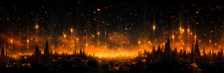 Abstract design flames of an orange fire on a black background, pixelated landscapes, grid-based, minimalist backgrounds.
