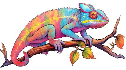 A colorful chameleon perched on a branch. (Illustration, Generative AI)