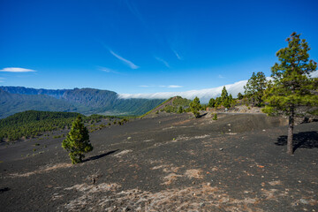 Clouds move over the mountain slope of Cumbre Nueva and flow into the valley like a waterfall, La Palma, Canary, Spain, Europe