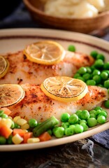 Flavorful Delight: Cajun Style Baked Fish Fillet with Fries and Lemon in Exquisite 4K Close-Up