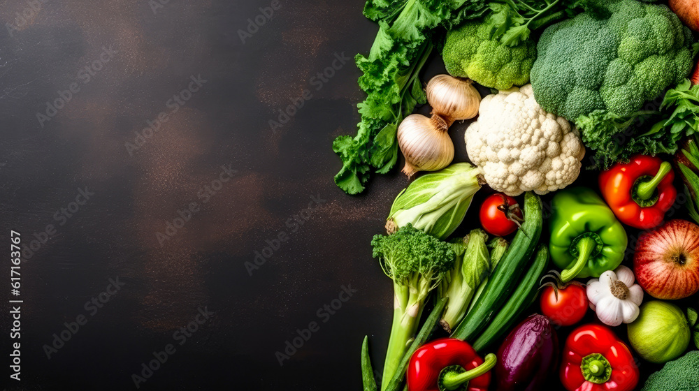 Wall mural Background with healthy food vegetables  and copy space for text, generative ai