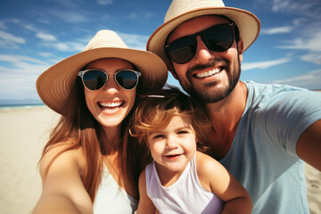 Fototapeta premium Family on a beach making a selfie ai generated