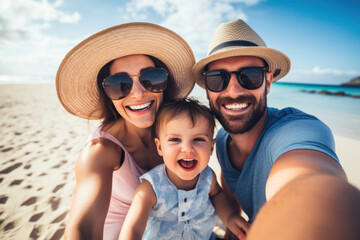 Fototapeta premium Family on a beach making a selfie ai generated