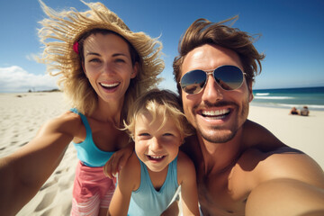 Fototapeta premium Family on a beach making a selfie ai generated
