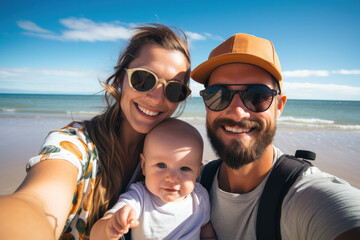 Fototapeta na wymiar Family on a beach making a selfie ai generated