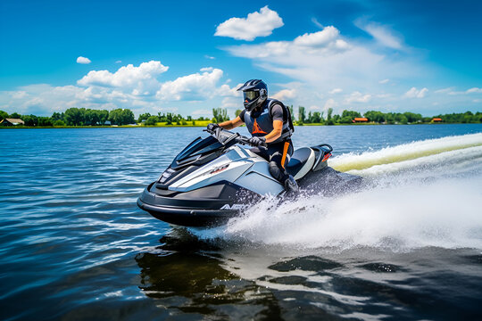 A man on a jet ski rides on the river