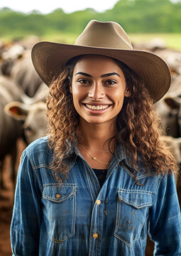 Brazilian woman smiling, cattle farmer, is standing in front of her cattle, farm background, natural light background, aspect ratio 5:7, ideal for digital and social media communication