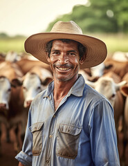 Fototapeta premium Portrait of a cattle farmer, man latino ethnicity, standing in front of his breed of ox, farm background, ideal for digital and social media communication