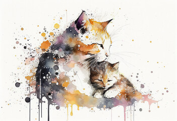 Watercolor Splatter Portrait Painting of Cat Mother with Baby. Isolated on White Paper Textured Background