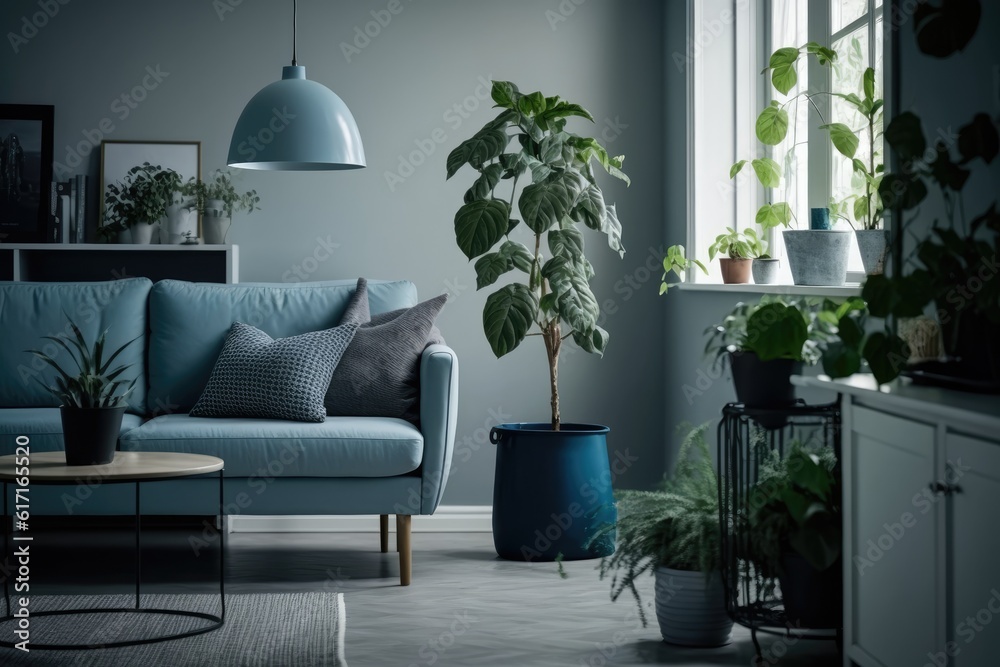 Sticker cozy living room with a blue couch and green potted plants. generative ai