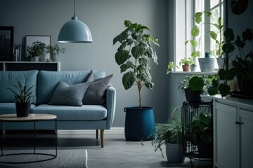 cozy living room with a blue couch and green potted plants. Generative AI