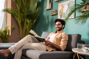Person reading a book in a modern livingroom ai generated