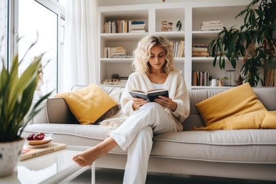 Person reading a book in a modern livingroom ai generated