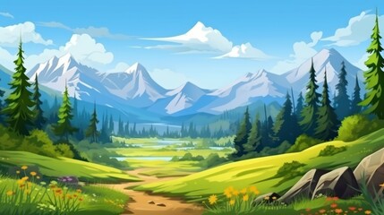 A land with beautiful views, mountains in the background, beautiful vegetation game art