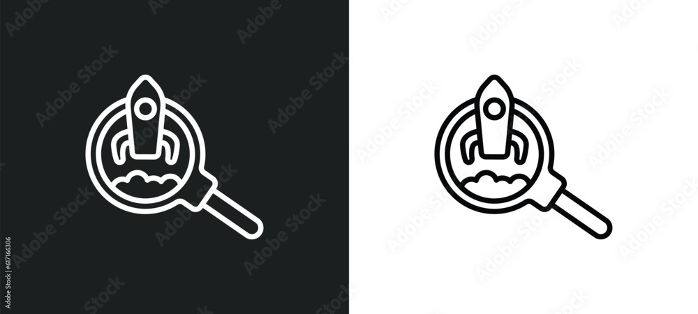 Poster startup project search line icon in white and black colors. startup project search flat vector icon 