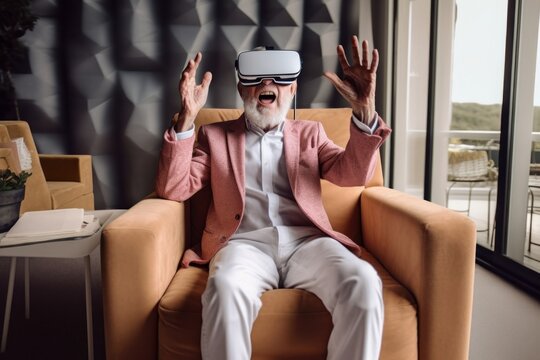 Excited elderly man using virtual reality VR glasses headset. Generative AI