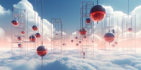 Enigmatic circuitry: ethereal, hovering tubes in the clouds, Generative AI