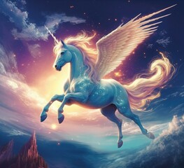 Obraz na płótnie Canvas Unicorn flying in the sky with the moon
